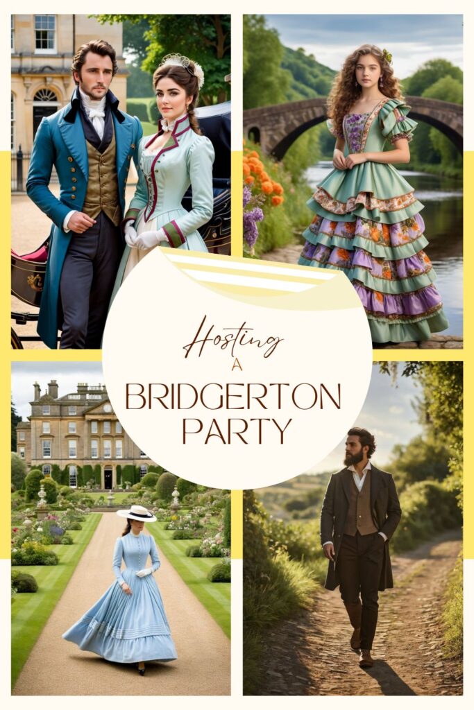 netflix bridgerton regency party romance fancy lady invites gowns waistcoats top hats vintage chandeliers gold velvet silk mozart series tea teacups scones dance charades props perfume lavendar era