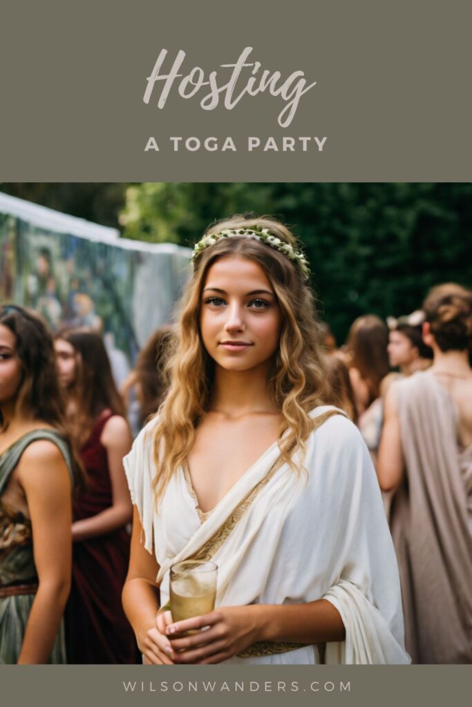 toga party host greek roman modern togas gold sandals villa columns wreaths sheets drapes ivy grapevines urns statues ancient feast olives cheese board pita flatbread fruit platter wine myths costume shields swords crown 