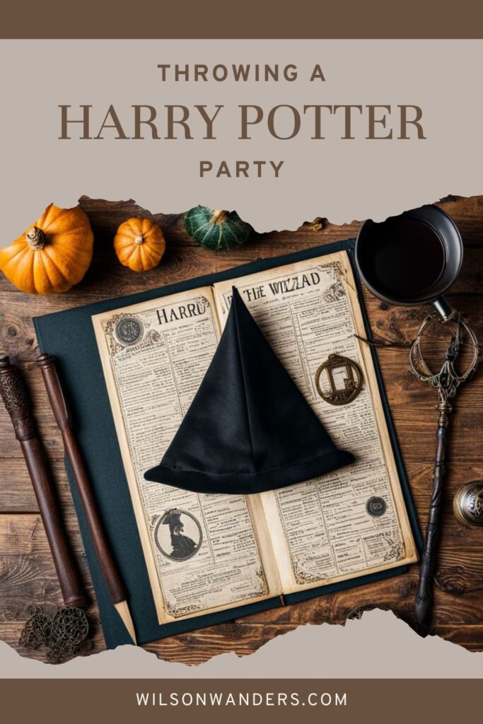 harry potter party wizard wand hogwarts sorting hat ceremony gyffindor hufflepuff ravenclaw slytherin candles potion bottles spells witches frogs hagrid mr weasley butterbeer whimsy wand station quidditch quaffle magic robe