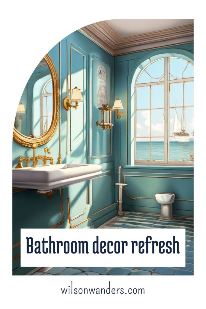 bathroom decor refresh ideas shower curtain bath mats towels mirror lighting baskets shelves greenery racks drawer pulls