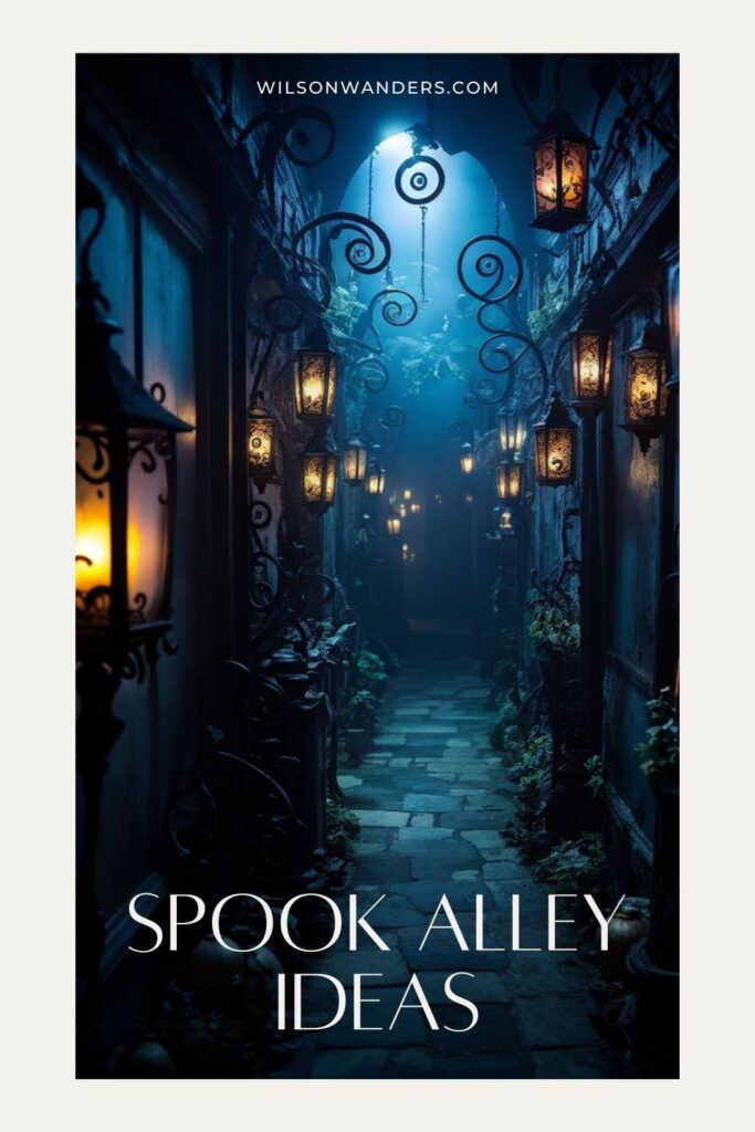 spook alley ideas sheets drapes candles pumkins creepy music skeletons cob webs spiders fog tombstones witch ghost 