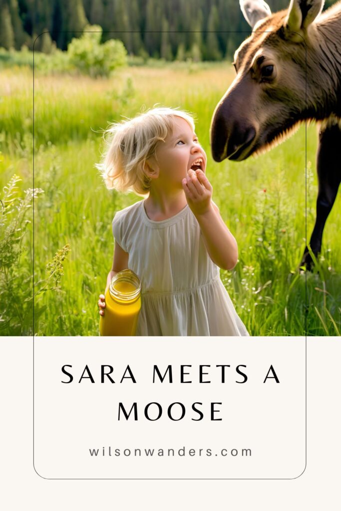 little girl messy hair looking at a moose