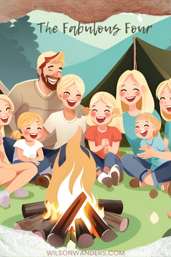 family around campfire laughing