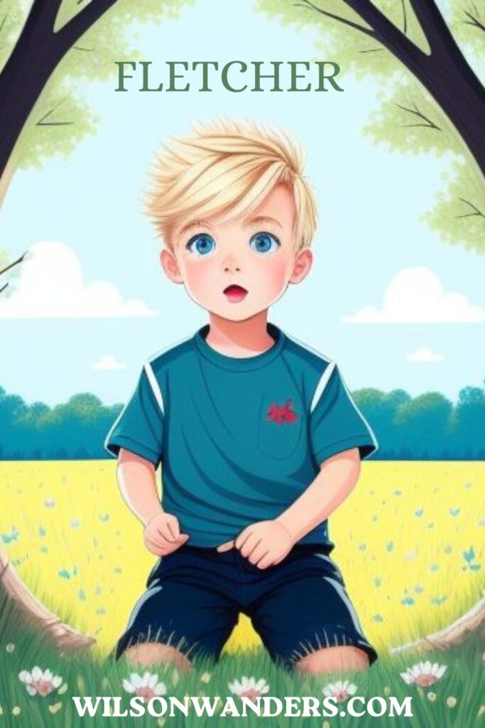 little blonde blue eyed boy playing in a yard